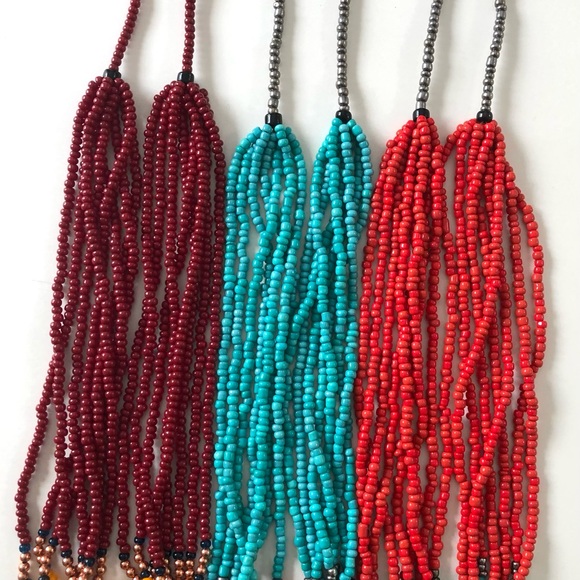 Handmade boho tribal necklace red, Prussian blue and marigold, 22” - Picture 5 of 6